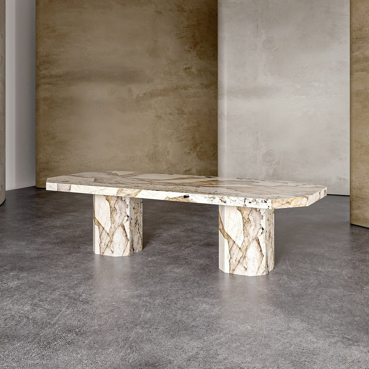 Forma Patagonia quartzite dining table three-quarter view showing octagonal top profile and solid faceted quartzite pedestal base