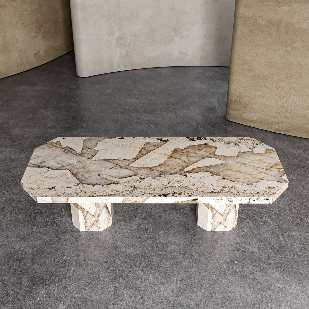 Forma Patagonia quartzite dining table top-down view showing chamfered corners and dramatic stone patterning across 2200mm surface