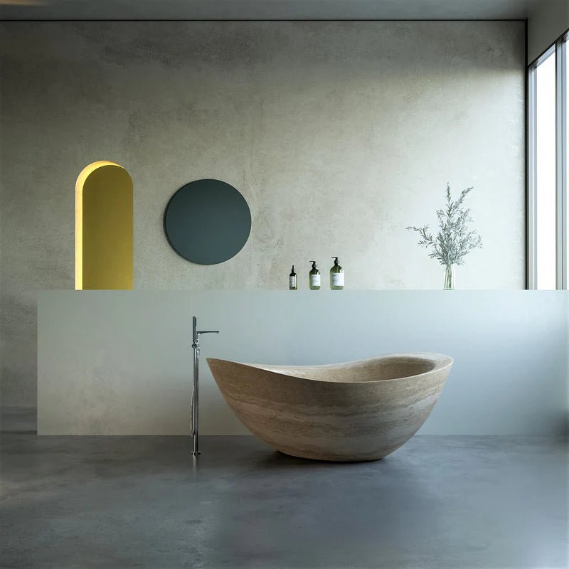 Roman organic-form travertine freestanding bathtub — asymmetric high-back profile, 1760mm solid stone