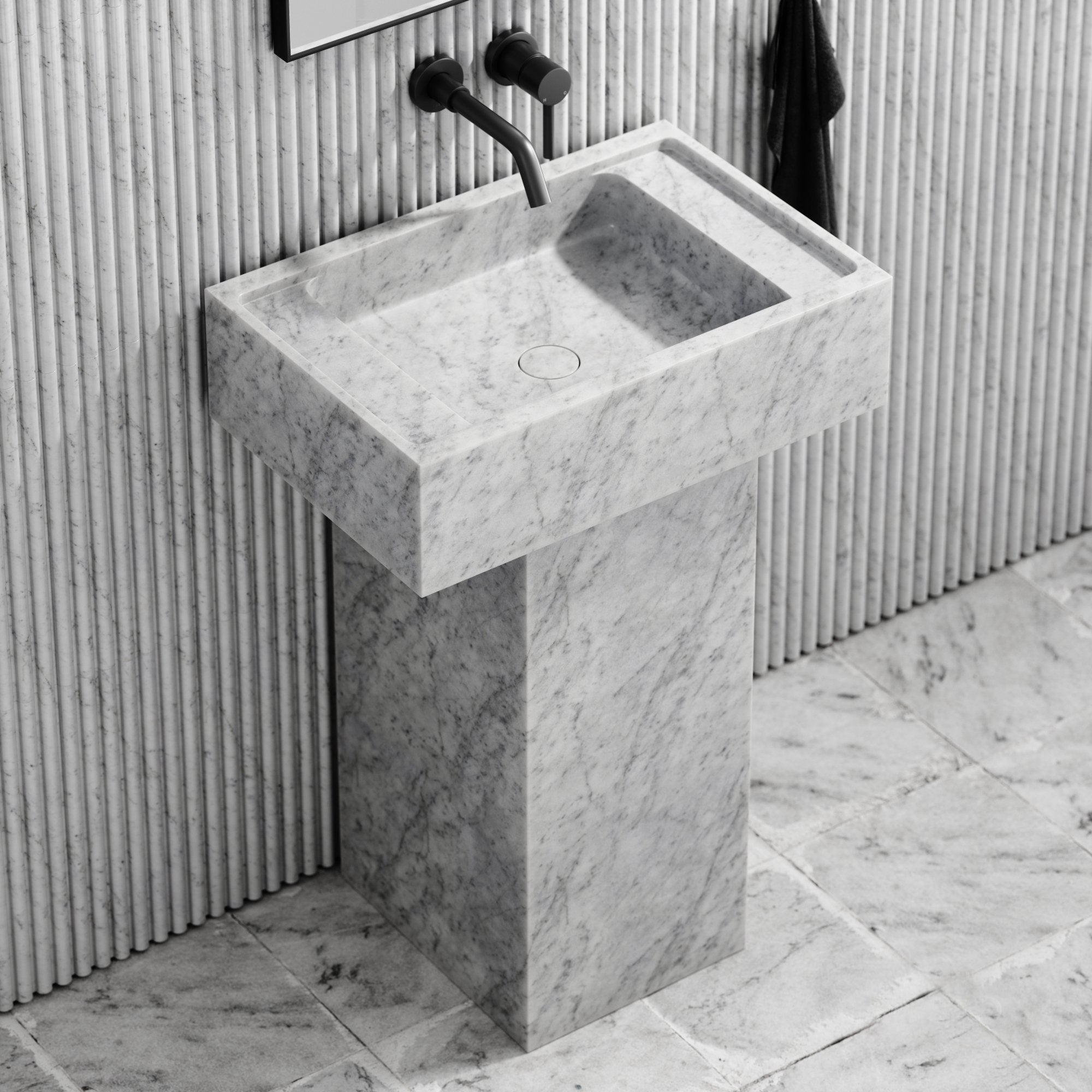 Carrara marble rectangular basin top view showing natural white stone and grey veining