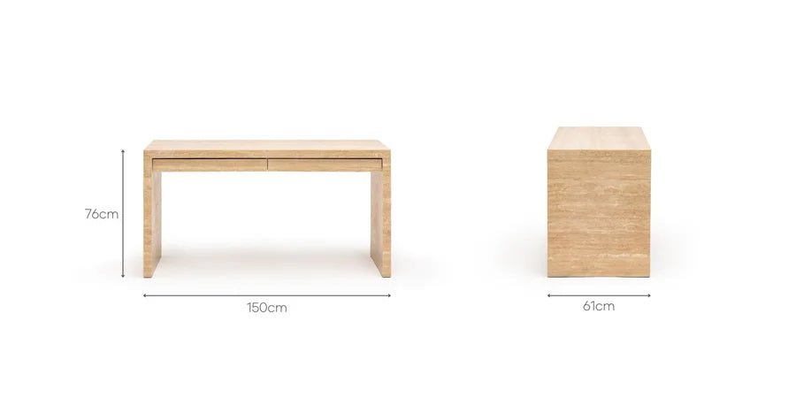Travertine Navona desk full view showing warm ivory and walnut stone layering