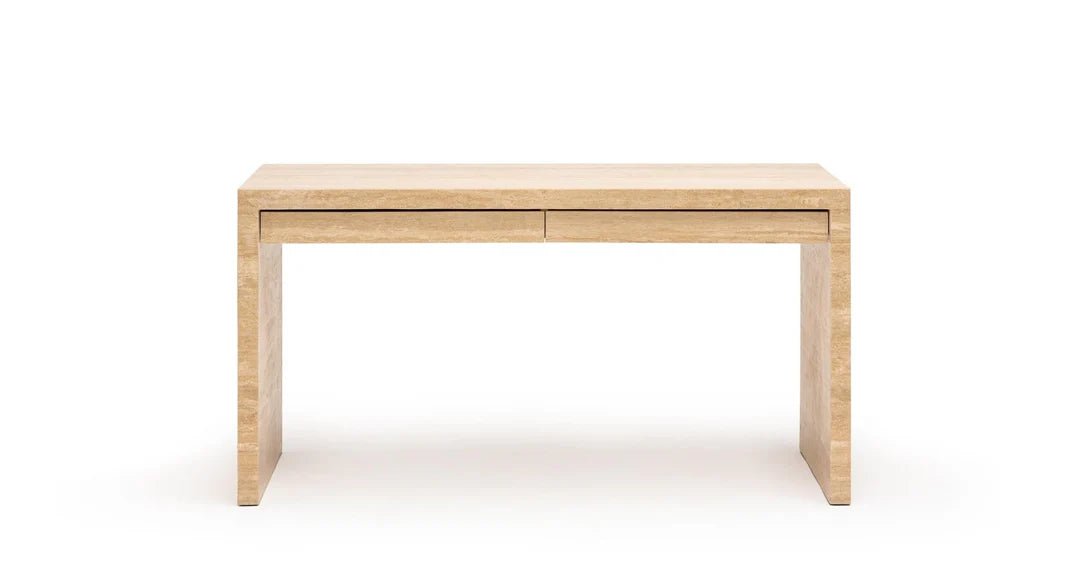 Travertine Navona office desk 1500mm — fully stone encapsulated with matching travertine legs