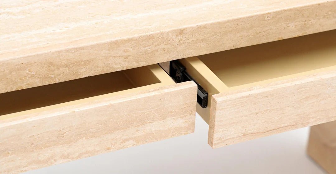 Travertine Navona desk drawers — two full-width side-by-side drawers in matching stone