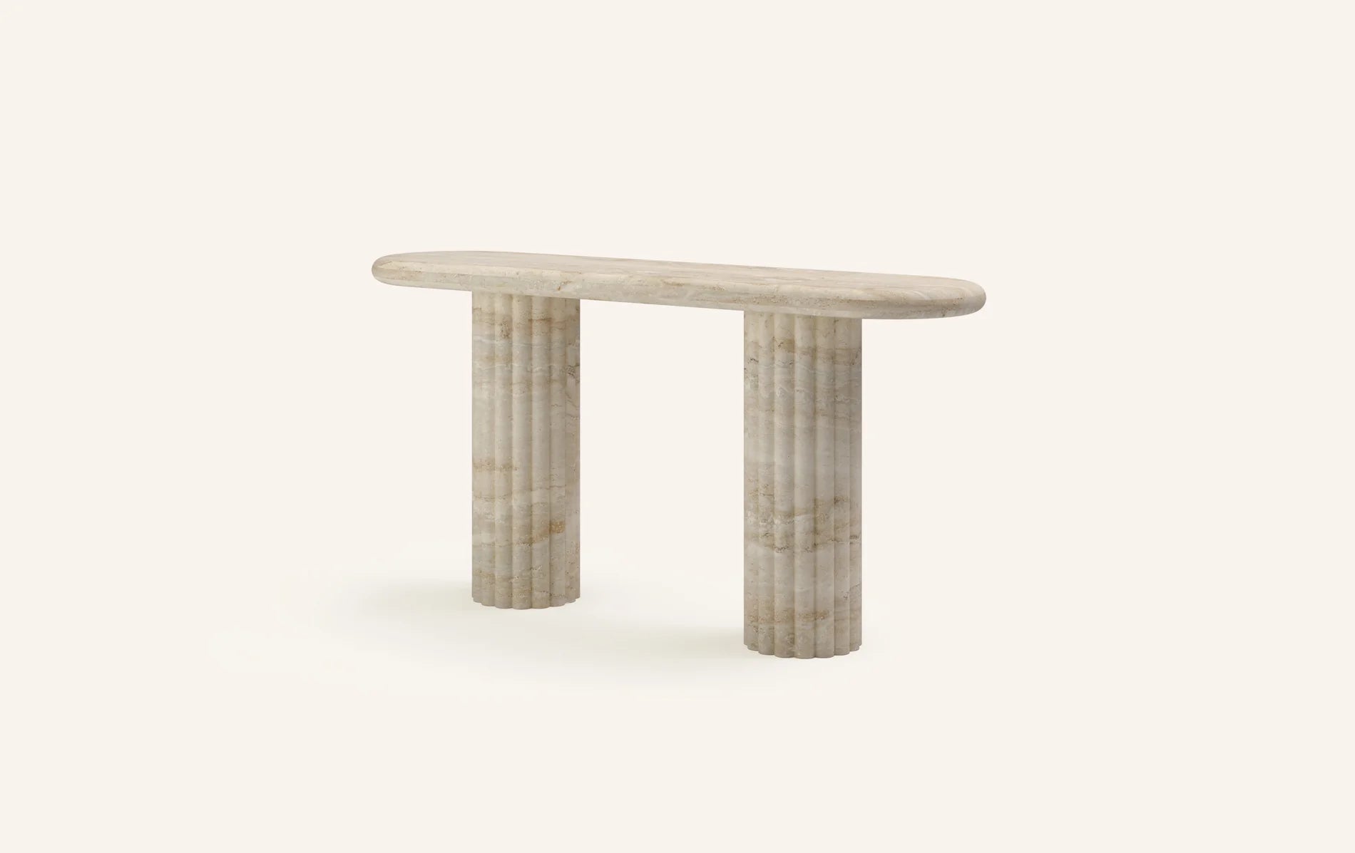 Doric fluted Travertine Navona hallway table angled view showing carved vertical column grooves and oval top profile
