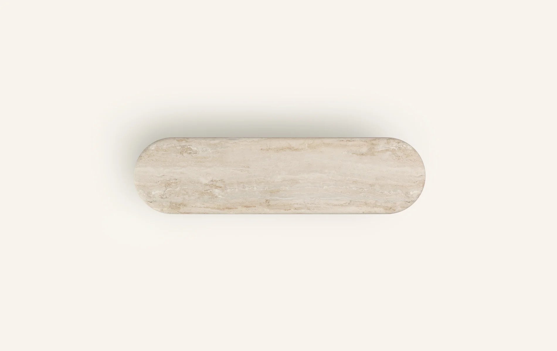 Doric Travertine Navona hallway table top-down view showing oval pill-shaped top with bullnose edge profile
