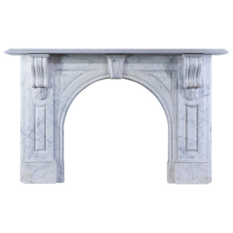 Victorian arched Carrara marble fireplace surround with shell corbels and carved keystone — 1940mm