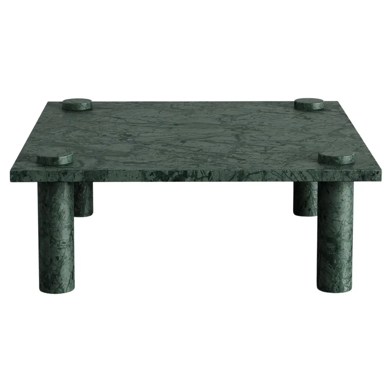 Adamo Verde Guatemala green marble coffee table 900mm — four cylinder legs extending above tabletop