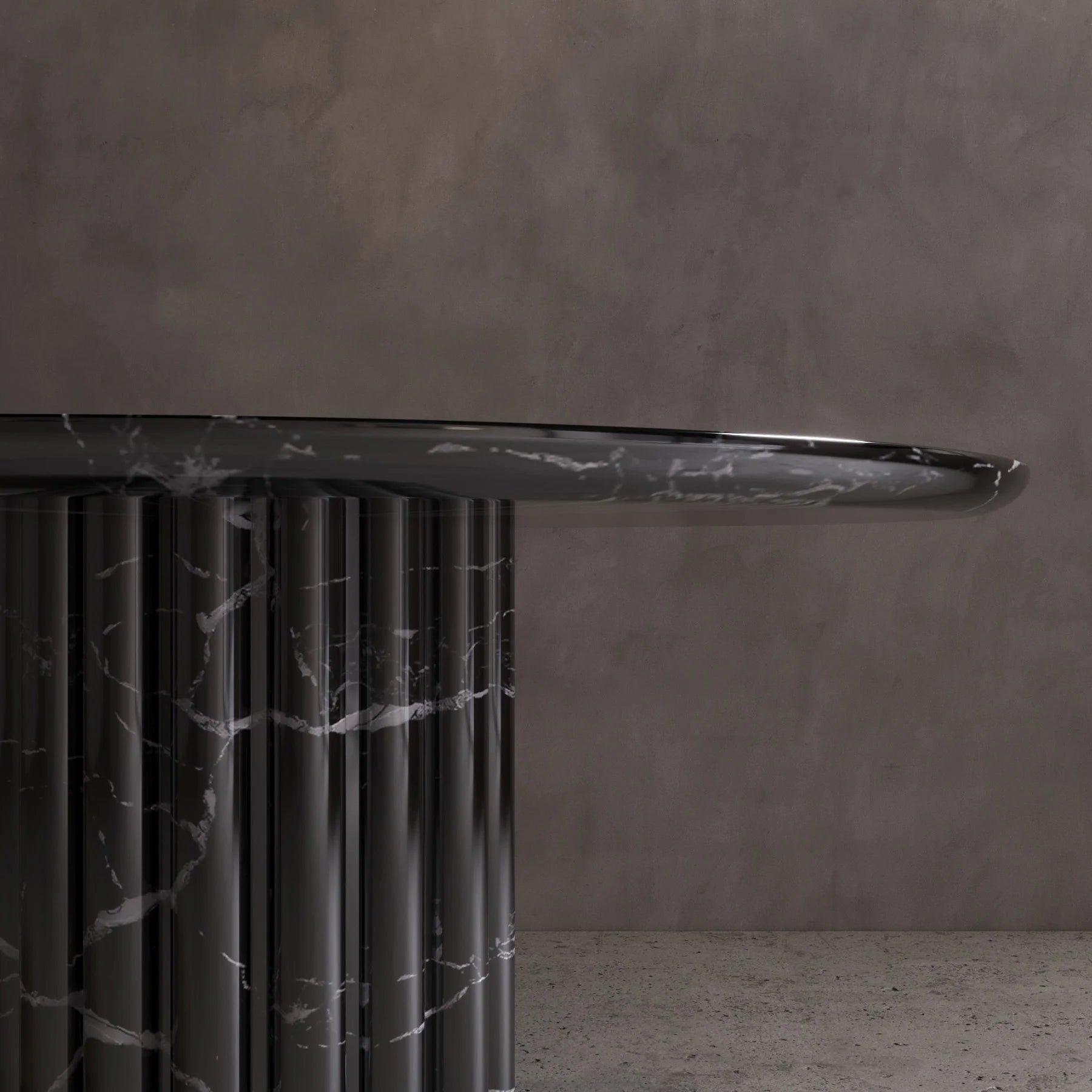 Close up of Amara Nero Marquina dining table top showing deep black stone and sharp white veining