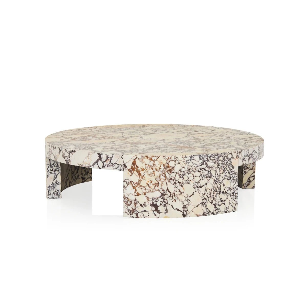 Calacatta Viola Round Coffee Table — angled view showing depth of stone base and table profile