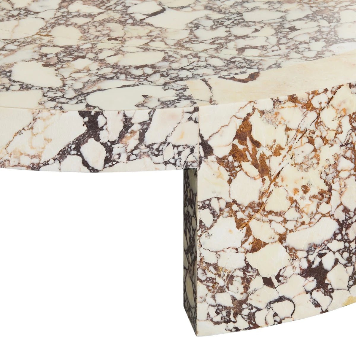 Calacatta Viola marble surface detail — white base with deep purple-black and grey veining