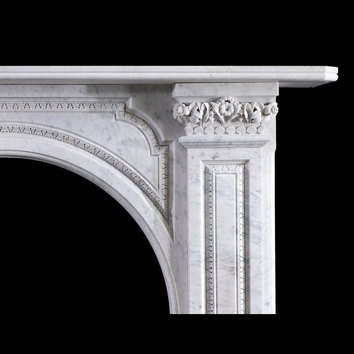 Decorative banding detail on Grand Victorian Carrara marble fireplace arch and frieze — repeating carved motifs