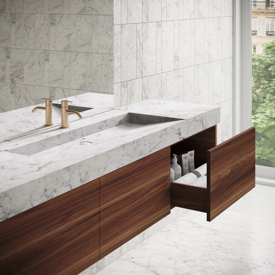 Luxurious Carrara Marble Vanity with Walnut Cabinet – Elsa Home And Beauty