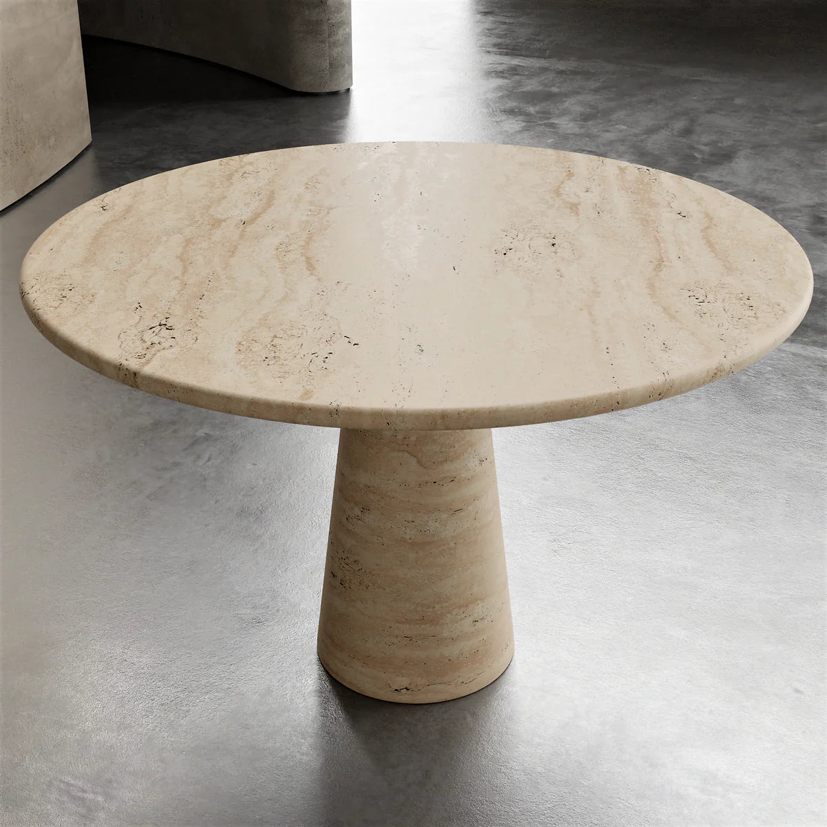 Franca travertine dining table in open-plan dining room setting