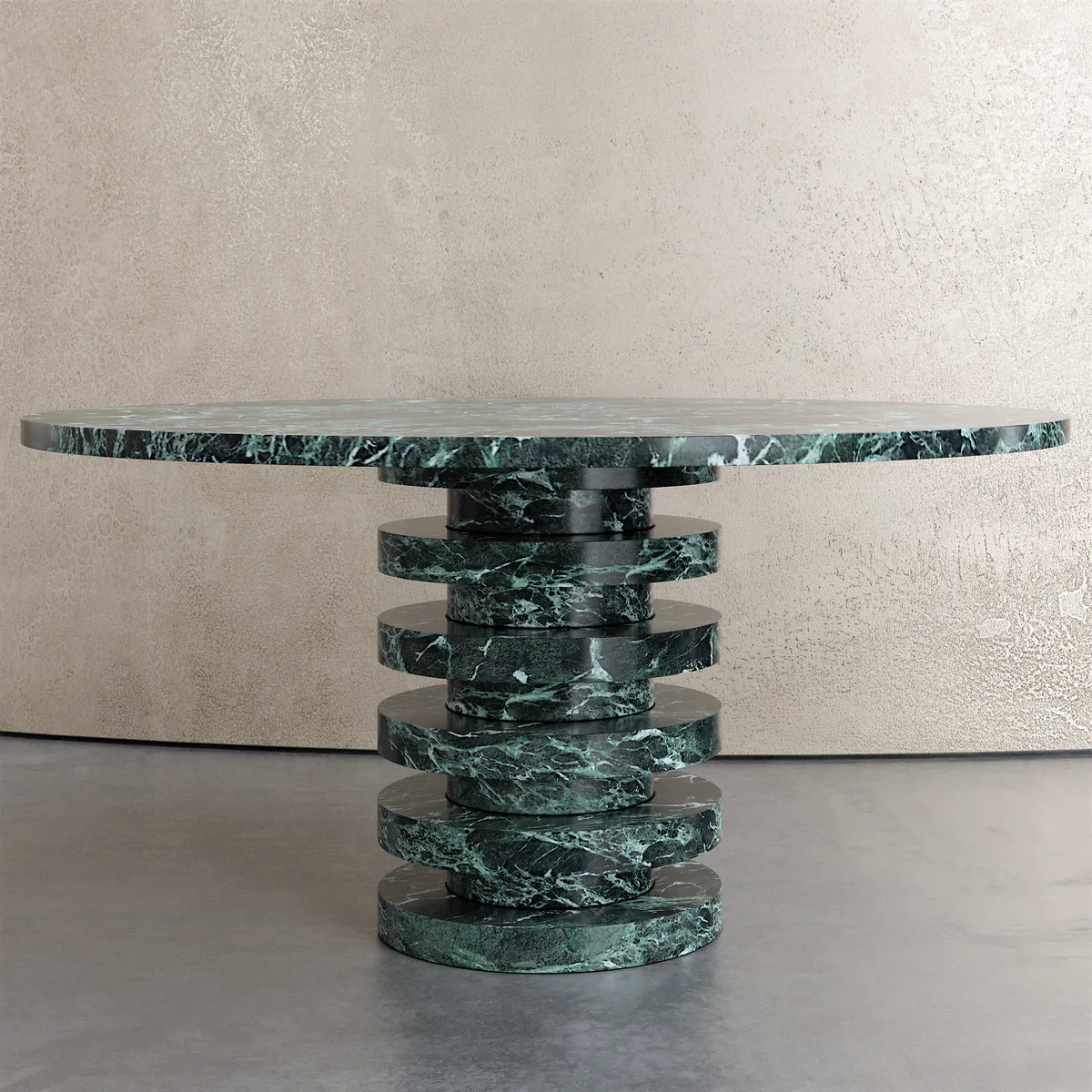 Verde Alpi round marble dining table with stacked ring pedestal base — solid green marble top and column