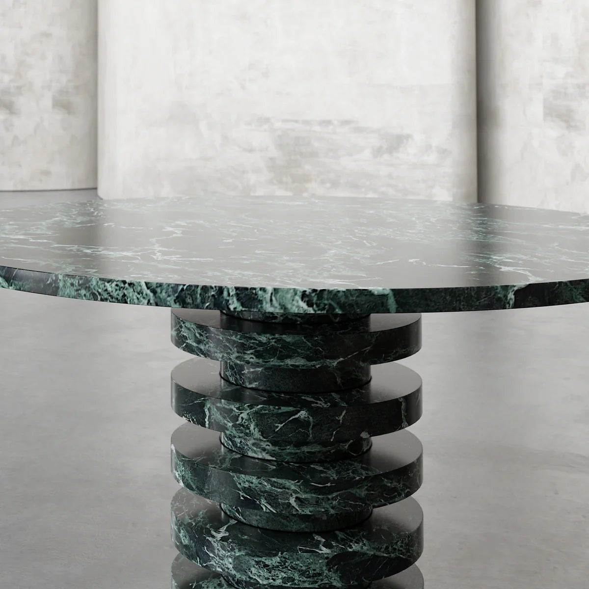 Verde Alpi marble dining table top showing deep green stone with white veining