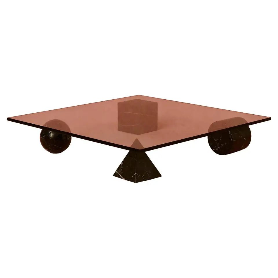 Meteora marble coffee table full view showing sphere, cylinder, pyramid and cube base elements