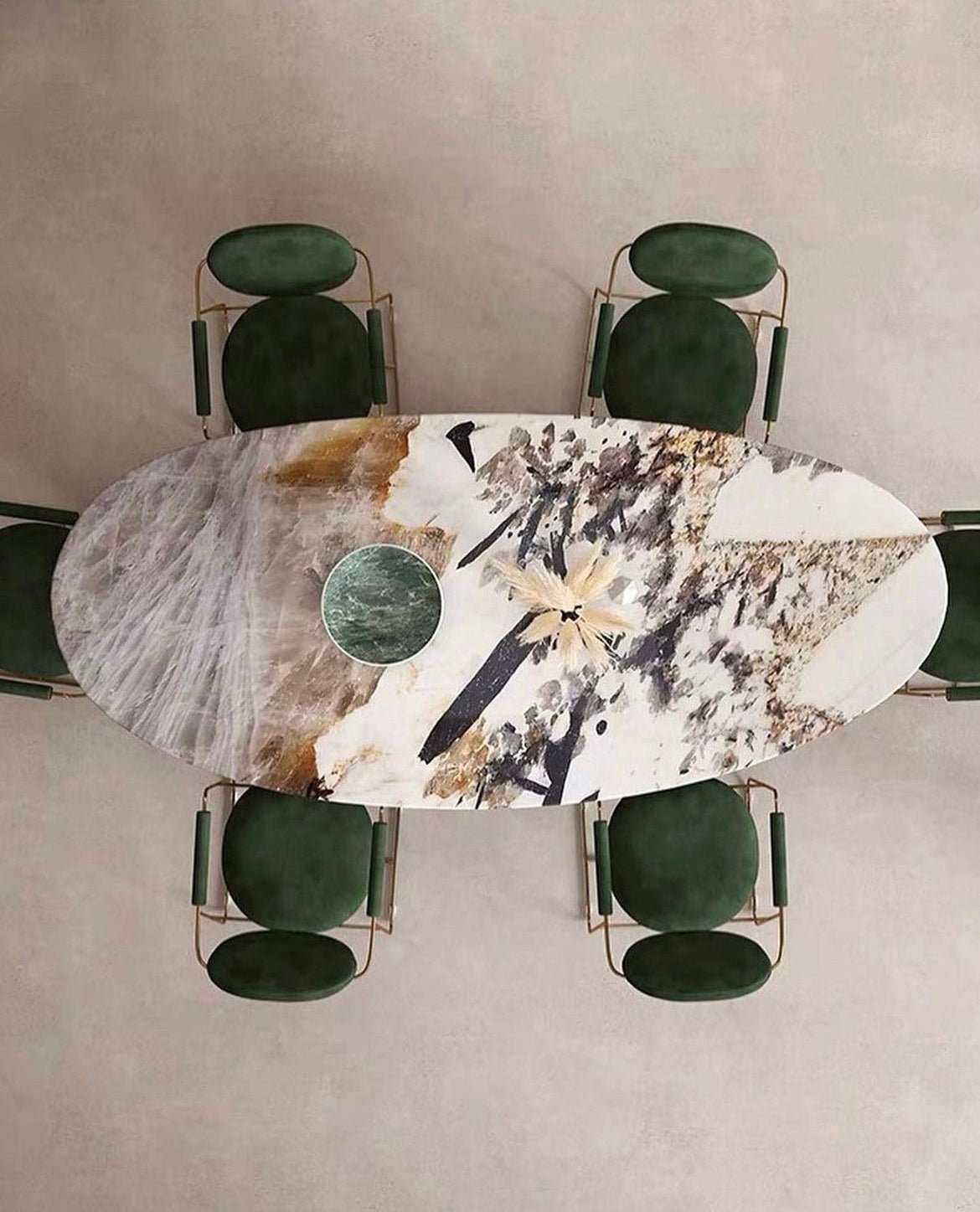 Sienna Patagonia quartzite oval dining table top-down view showing dramatic stone patterning across 2900mm surface