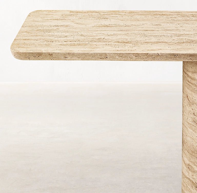 Close up of Venetino Travertine Navona console top showing warm ivory tones and natural stone character