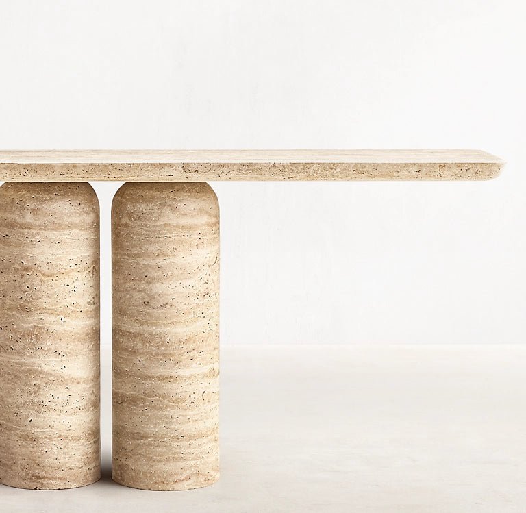 Close up of Venetino Travertine Navona console top showing warm ivory tones and natural stone character