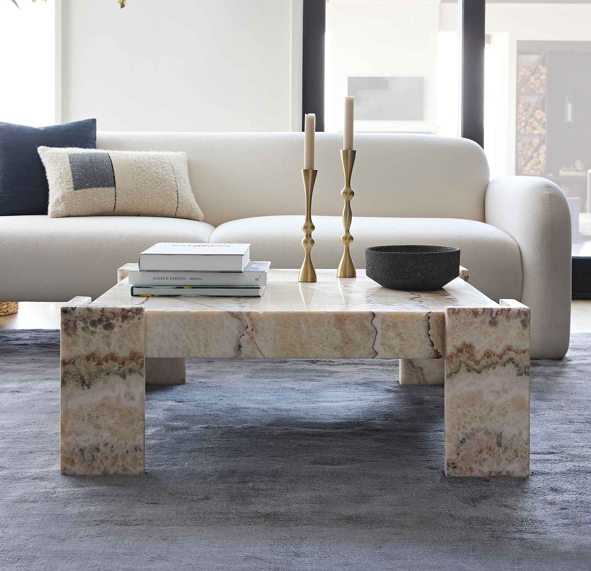 Zenga Onyx Coffee Table styled in a contemporary living room with neutral furnishings