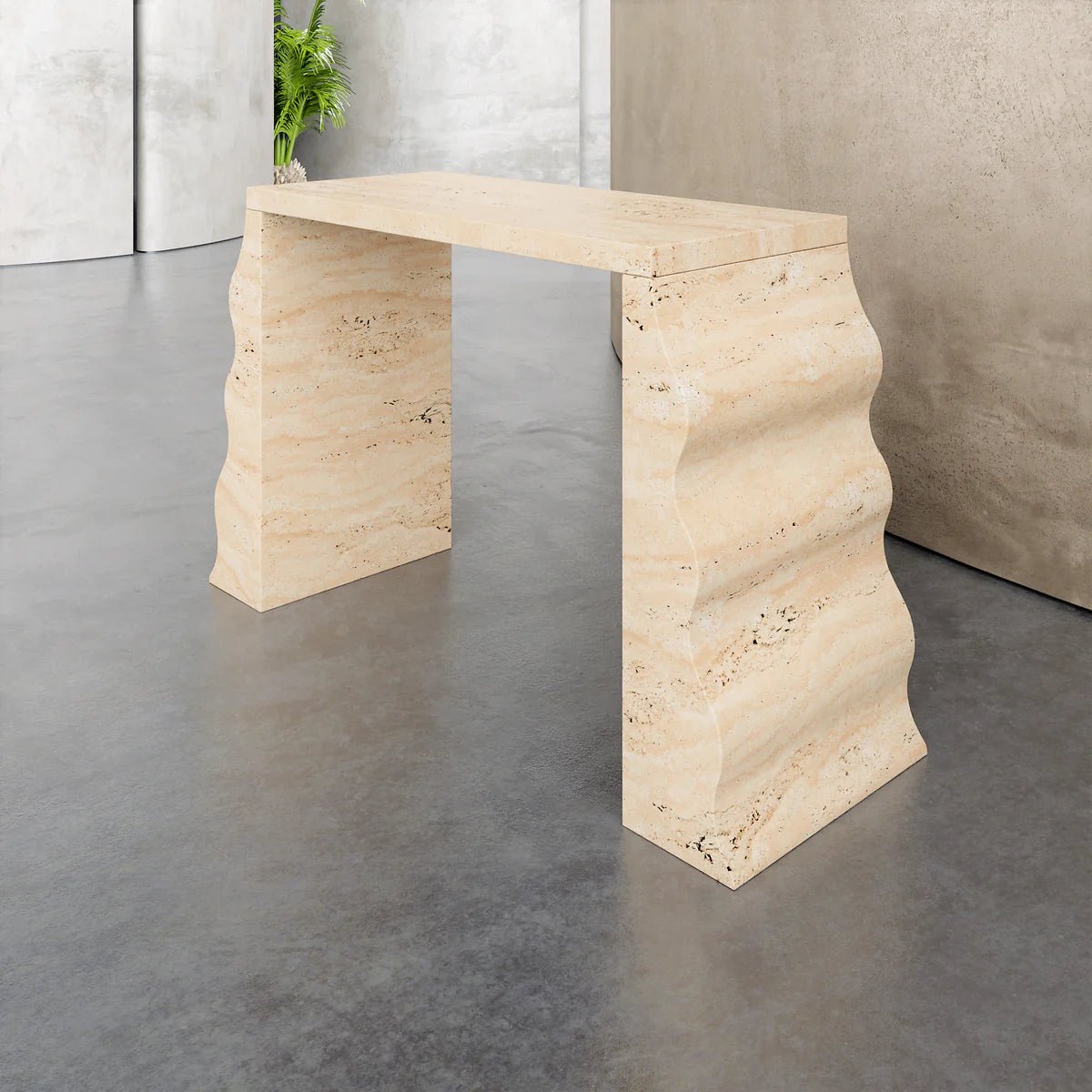 Travertine Low Console Table Sculptured Elegance Elsa Home And